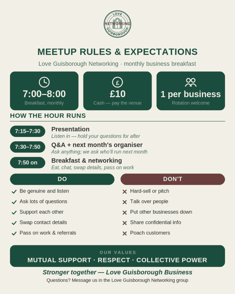Love Guisborough Networking meetup rules poster